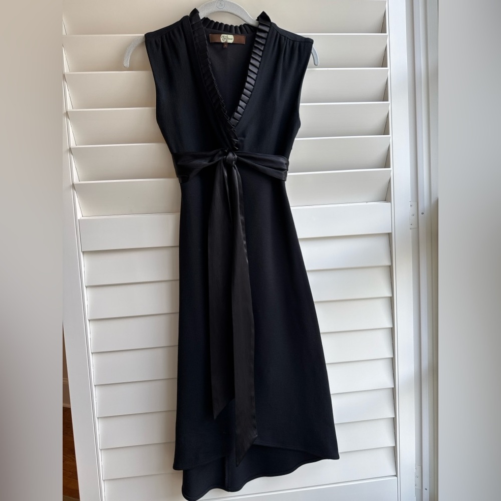 Eva Franco | Little Black Midi Cocktail Dress Pleated V-Neck Sash Waist | 2